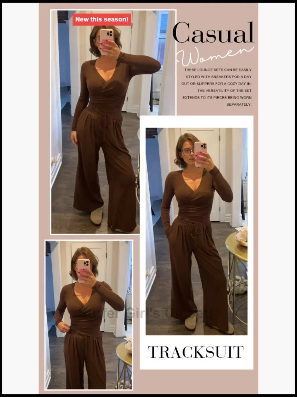 Women's 2 Piece Lounge Sets Fall Outfits V Neck Shirt Wide Leg Pants Matching